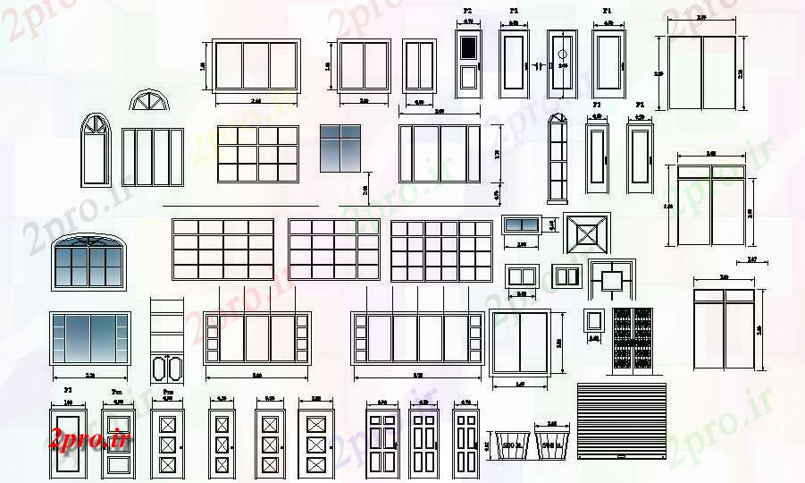 دانلود نقشه جزئیات طراحی در و پنجره  چند درب و پنجره های چوبی بلوک نما  (کد125730)