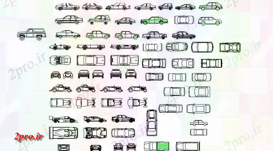 دانلود نقشه بلوک های حمل و نقل اتومبیل های خانواده مشترک و تجملات اتومبیل بلوک نما  (کد125881)