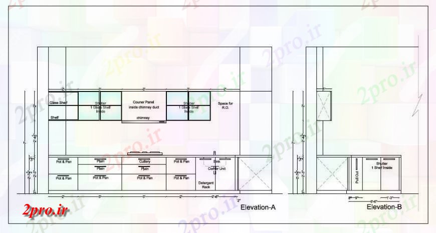 دانلود نقشه طراحی مبلمان آشپزخانه نما از واحدهای آشپزخانه  بلوک (کد125963)