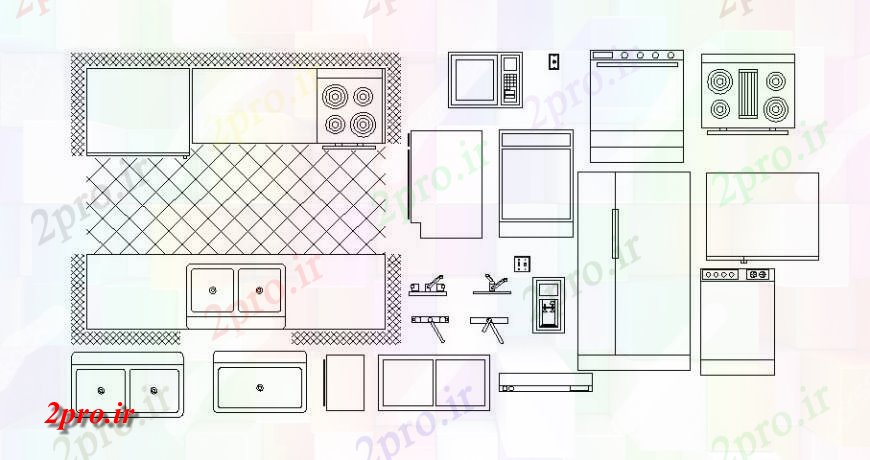 دانلود نقشه طراحی مبلمان آشپزخانه لوازم مختلف آشپزخانه  طرحی  (کد125965)