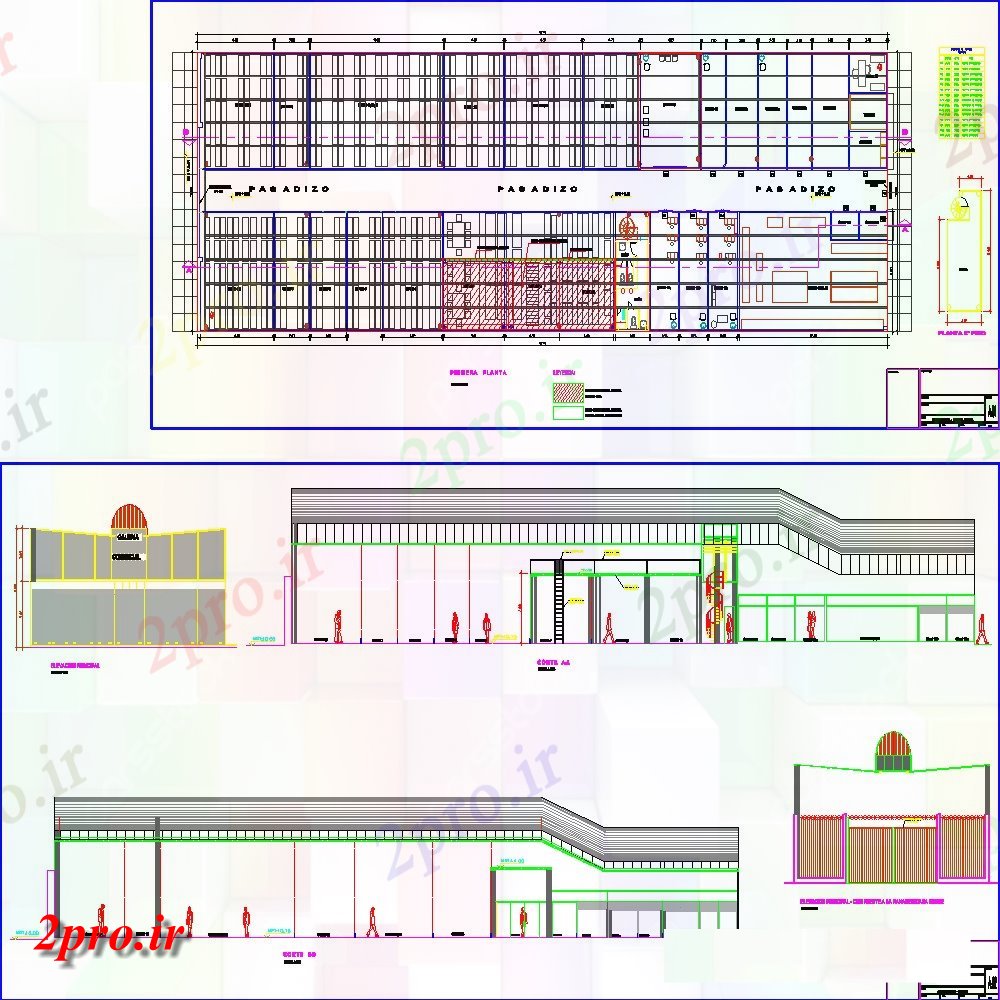 دانلود نقشه نمایشگاه ; فروشگاه - مرکز خرید نما، طرحی و بخش جزئیات از مرکز خرید ساخت و ساز دو بعدی 16 در 57 متر (کد125974)