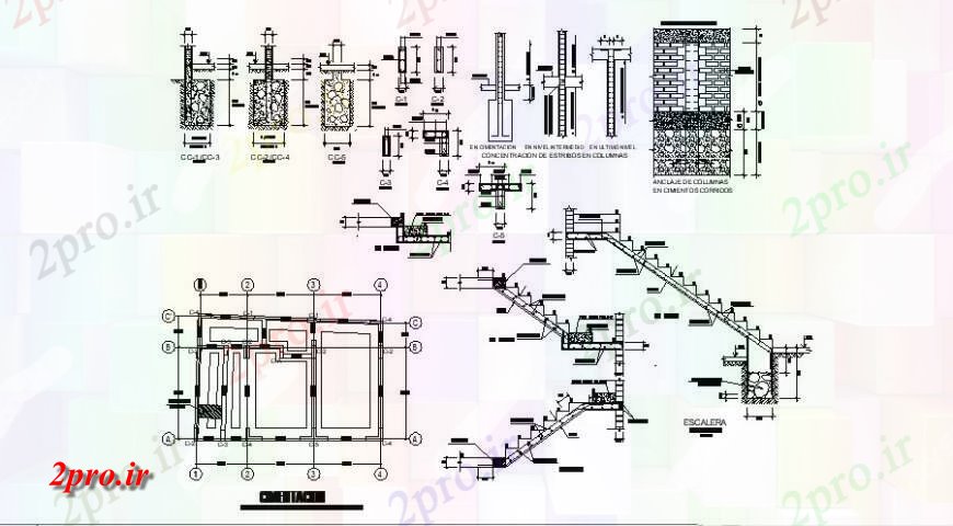 دانلود نقشه جزئیات ساخت و ساز پلکان و جزئیات ساخت و ساز ستون بلوک ساختاری  (کد125978)