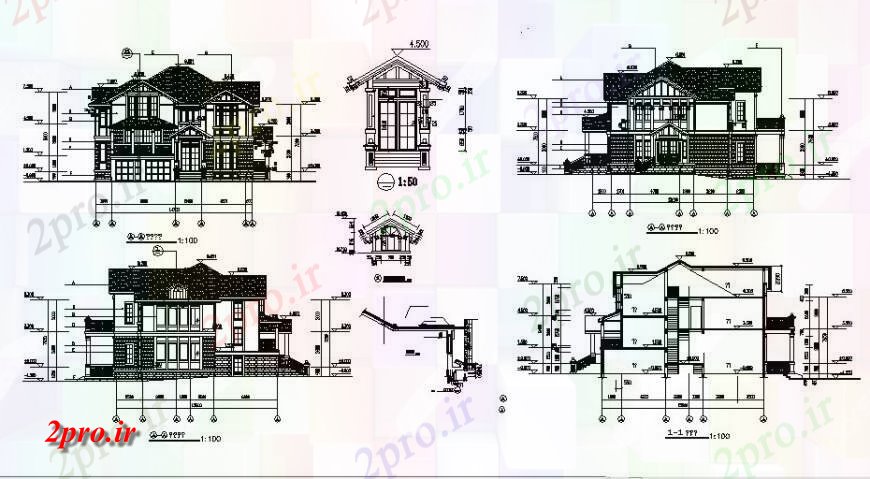 دانلود نقشه مسکونی  ، ویلایی ، آپارتمان  تجملات خانههای ویلایی دو سطح تمام نما و بخش طرفه جزئیات  (کد126002)