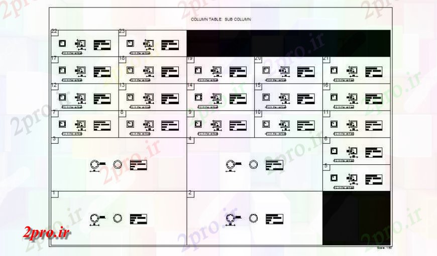 دانلود نقشه جزئیات ستون جدول ستون و ساختار ستون زیر جزئیات از مدرسه (کد126155)
