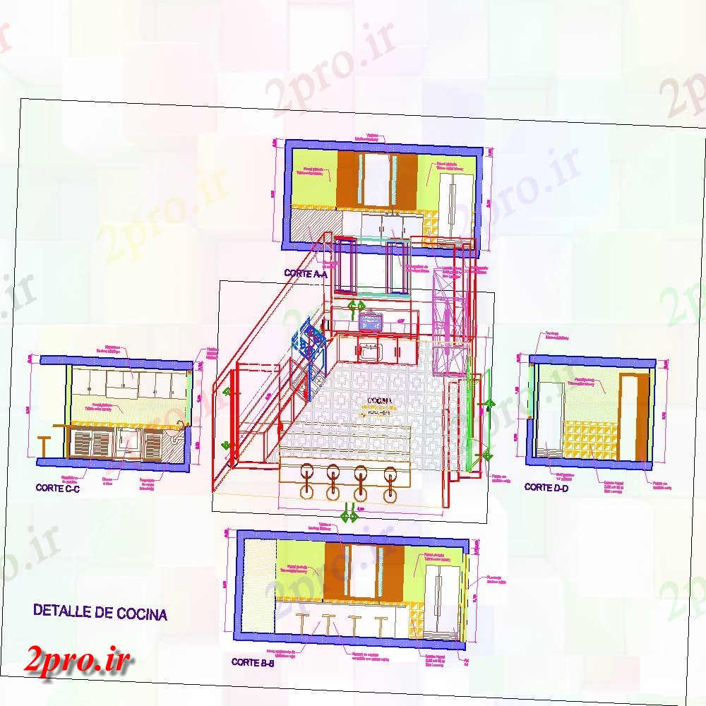 دانلود نقشه جزئیات طراحی ساخت آشپزخانه جزئیات ایزومتریک و مقطعی از آشپزخانه با بلوک مبلمان  (کد126216)