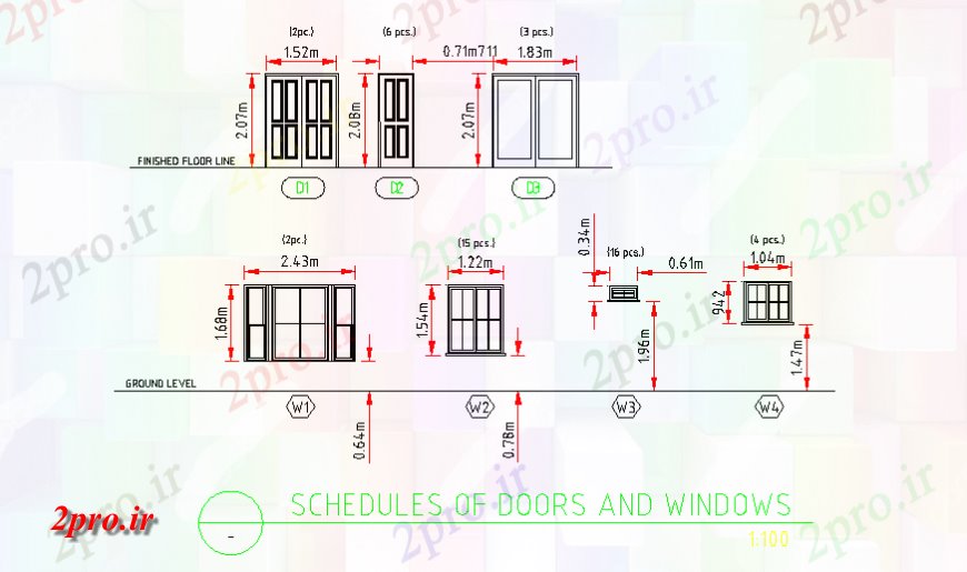 دانلود نقشه جزئیات طراحی در و پنجره  درب بخش پنجره دو طبقه ساختمان های مسکونی طراحی (کد126246)