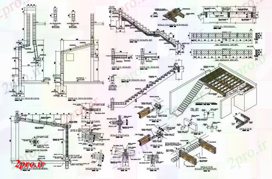 دانلود نقشه جزئیات پله و راه پله   راه پله و سازه RCC مختلف  دو بعدی   (کد126368)