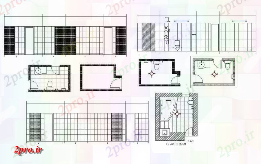 دانلود نقشه بلوک های بهداشتی نما جزئیات و طرحی توالت بهداشتی  (کد126390)