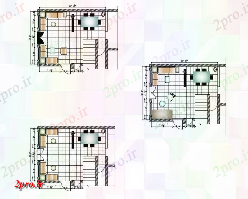 دانلود نقشه اتاق نشیمن ، حال ، پذیرایی و اتاق ناهارخوری جزئیات ناحیه طرحی دو بعدی 18 در 22 متر (کد126391)