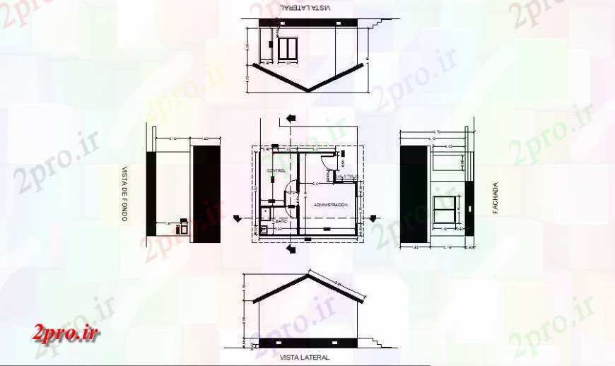 دانلود نقشه ساختمان اداری - تجاری - صنعتی دفتر نما کابین، بخش و طرحی های 5 در 6 متر (کد126412)