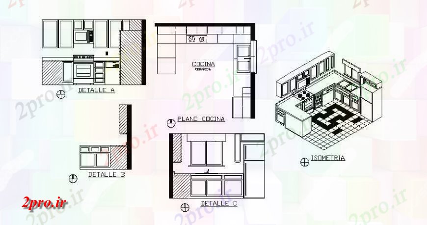 دانلود نقشه جزئیات طراحی ساخت آشپزخانه طرحی و نما آشپزخانه با بلوک های مبلمان  (کد126460)