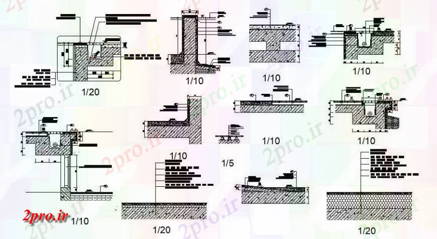 دانلود نقشه جزئیات پله و راه پله  بلوک های سنگ تراشی بتن بخش جزئیات  دو بعدی   (کد126603)