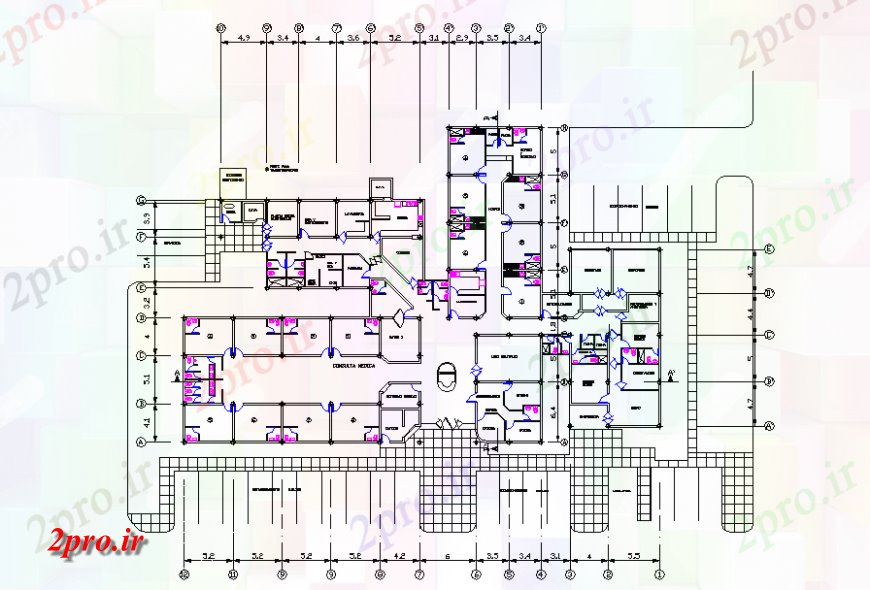دانلود نقشه بیمارستان - درمانگاه - کلینیک چند متخصص بیمارستان دراز کردن جزئیات 33 در 50 متر (کد126662)