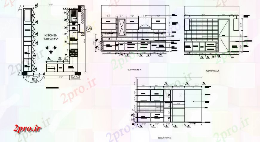 دانلود نقشه جزئیات طراحی ساخت آشپزخانه طرحی کار و نما منطقه آشپزخانه  دو بعدی   (کد126711)