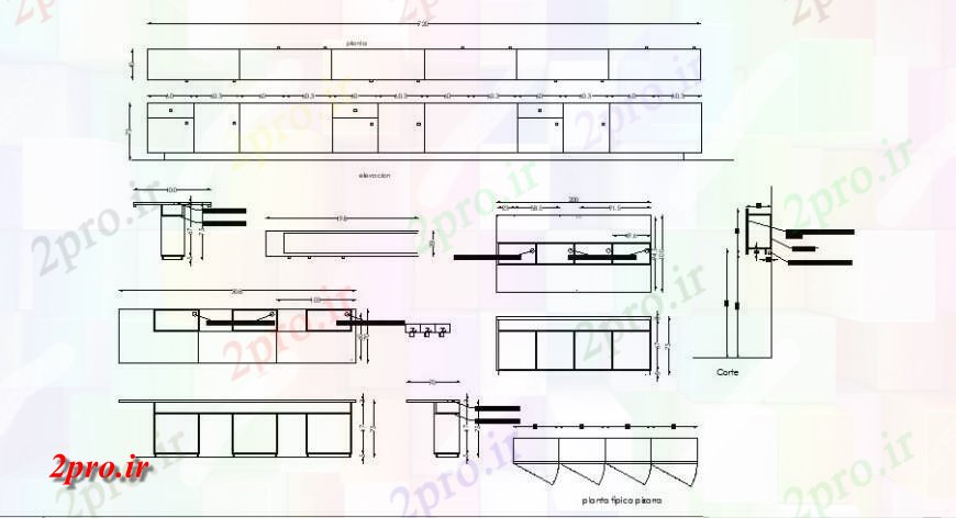دانلود نقشه طراحی مبلمان آشپزخانه آشپزخانه پلت فرم و مبلمان واحدهای نما جزئیات  دو بعدی   (کد126719)