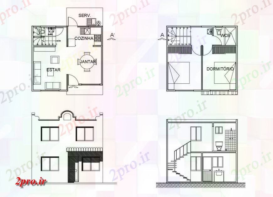 دانلود نقشه مسکونی  ، ویلایی ، آپارتمان  طرحی خانه جزئیات مسکونی کوچک، نما و بخش  (کد126827)