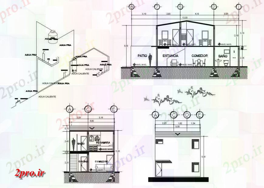 دانلود نقشه مسکونی ، ویلایی ، آپارتمان نما و جزئیات مقطعی از آپارتمان مسکونی 5 در 10 متر (کد126833)