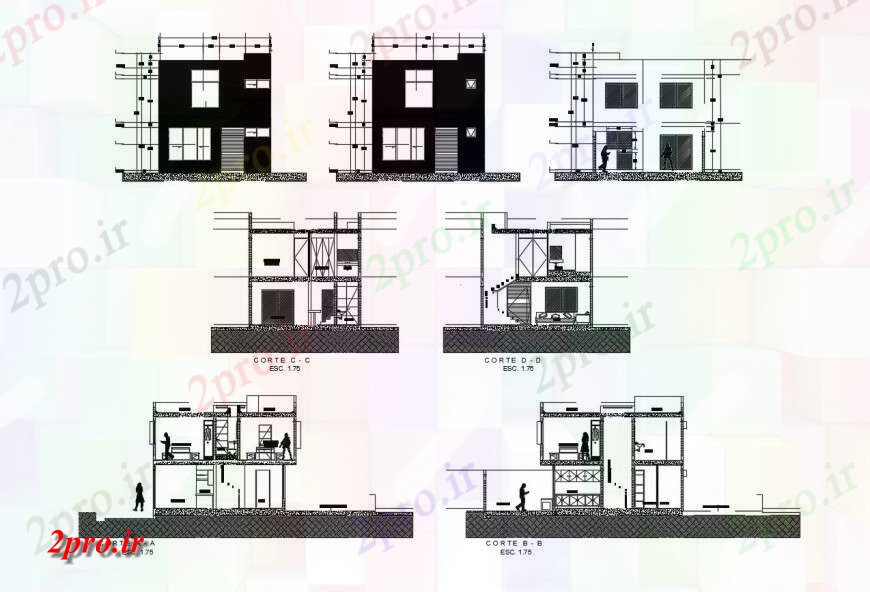 دانلود نقشه مسکونی  ، ویلایی ، آپارتمان  نما و مقطعی از جزئیات آپارتمان    چیدمان  دو بعدی   (کد126875)