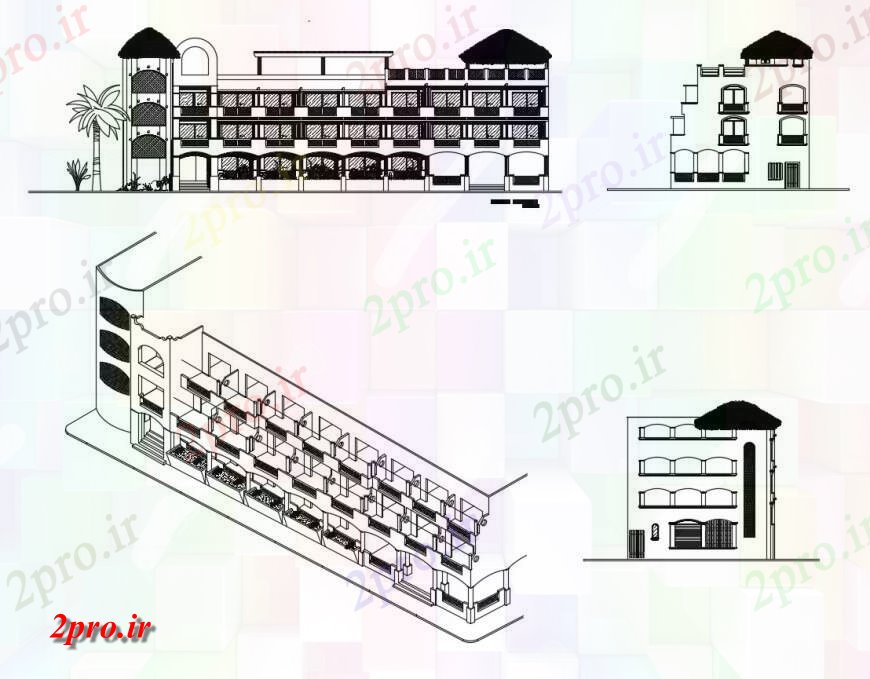 دانلود نقشه هتل - رستوران - اقامتگاه ساختمان هتل نما جزئیات دو بعدی 14 در 40 متر (کد126880)