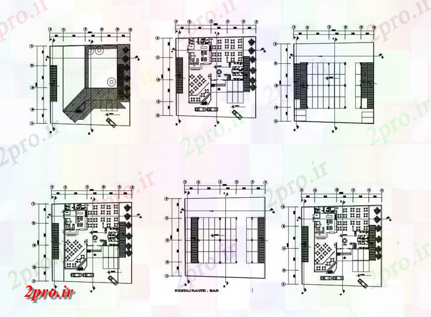 دانلود نقشه جزئیات فضای داخلی ناهار خوری  طرحی ساختمان رستوران با واحد مبلمان  دو بعدی   (کد126887)