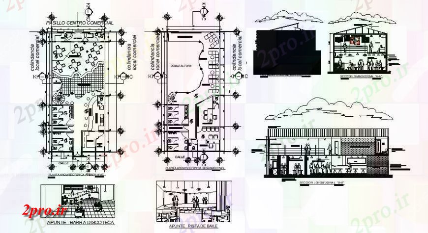 دانلود نقشه هتل - رستوران - اقامتگاه طرحی دیسکو و جزئیات طراحی 16 در 36 متر (کد127013)