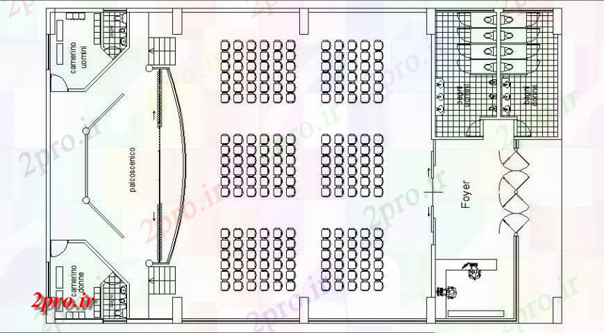 دانلود نقشه تئاتر چند منظوره - سینما - سالن کنفرانس - سالن همایشچند پیچیده طرحی جزئیات تئاتر دو بعدی 26 در 27 متر (کد127124)