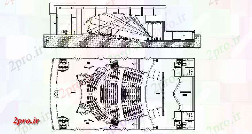 دانلود نقشه تئاتر چند منظوره - سینما - سالن کنفرانس - سالن همایشبخش و طرحی ساختمان تئاتر متعدد دو بعدی 30 در 60 متر (کد127125)
