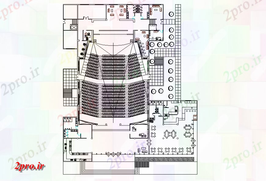 دانلود نقشه تئاتر چند منظوره - سینما - سالن کنفرانس - سالن همایشسالن کنسرت و برنامه ریزی معماری طراحی دراز کردن 48 در 56 متر (کد127203)