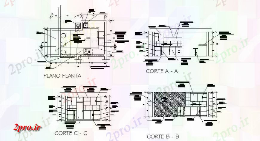 دانلود نقشه جزئیات طراحی ساخت آشپزخانه برنامه و جزئیات مقطعی از آشپزخانه با بلوک های مبلمان  دو بعدی   (کد127216)