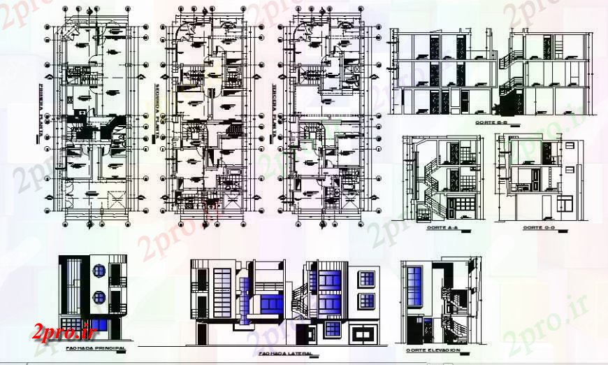 دانلود نقشه مسکونی  ، ویلایی ، آپارتمان  خانه های مسکونی ساخت و تمام نما طرفه، بخش و طرحی جزئیات (کد127240)