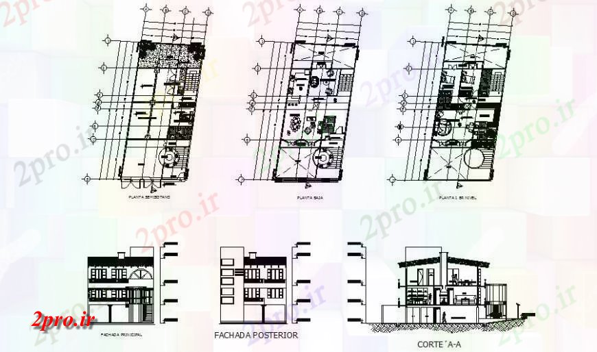 دانلود نقشه مسکونی  ، ویلایی ، آپارتمان  سه دان یک خانواده خانه نما، بخش و طرحی جزئیات  (کد127245)