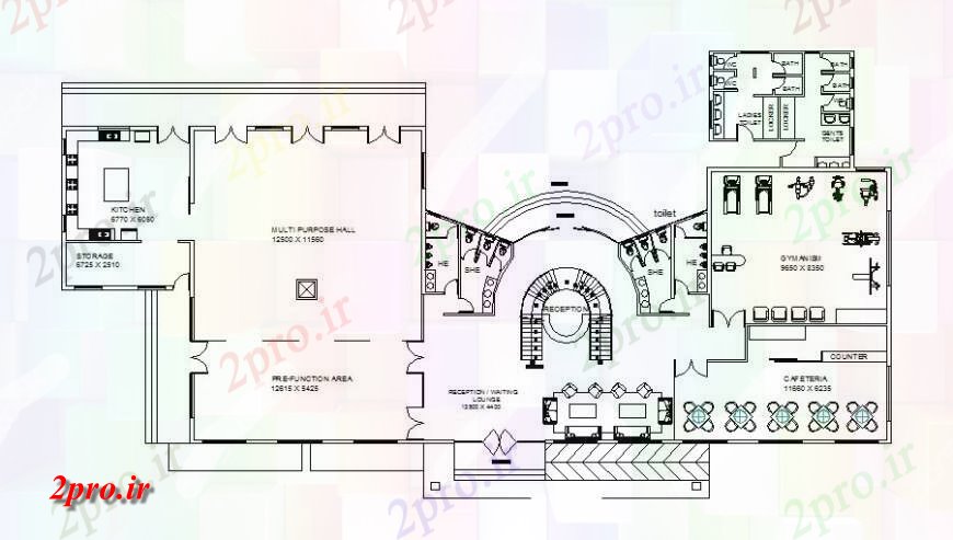 دانلود نقشه تئاتر چند منظوره - سینما - سالن کنفرانس - سالن همایشفرهنگی چند منظوره توزیع سالن طرحی 21 در 45 متر (کد127247)