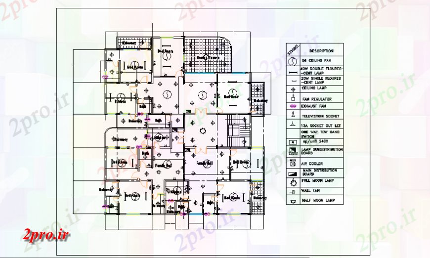 دانلود نقشه برق مسکونی طراحی طرحی طبقه نصب و راه اندازی برق دوم و چهارم از خانه آپارتمان طراحی 21 در 22 متر (کد127262)