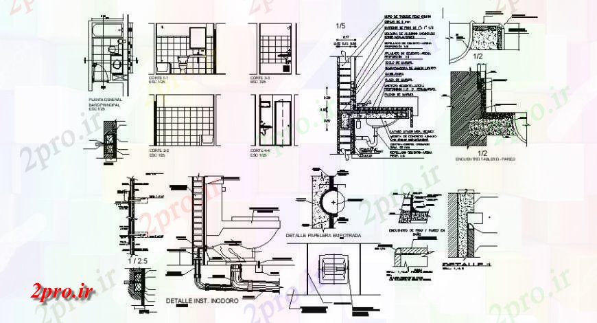 دانلود نقشه بلوک های بهداشتی برنامه و جزئیات مقطعی از بلوک توالت بهداشتی  دو بعدی   (کد127289)