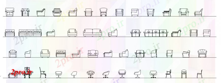 دانلود نقشه میز و صندلی نوع مختلف از جزئیات صندلی بلوک (کد127409)