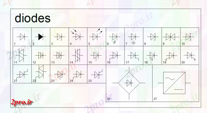 دانلود نقشه اتوماسیون و نقشه های برق جزئیات نماد دیودها بلوک (کد127429)