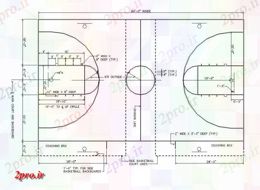 دانلود نقشه ورزشگاه ، سالن ورزش ، باشگاه بسکتبال زمین بازی جزئیات 15 در 25 متر (کد127461)