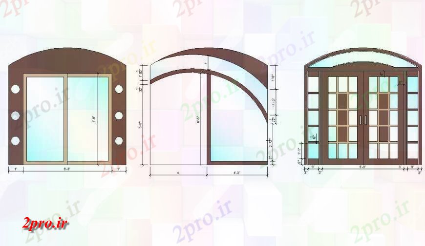 دانلود نقشه جزئیات طراحی در و پنجره  شکل های مختلف از درب دو  نما (کد127492)