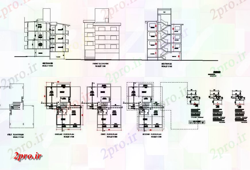 دانلود نقشه مسکونی  ، ویلایی ، آپارتمان  طرحی جزئیات تخت آپارتمان   سه طبقه، نما و بخش  (کد127540)