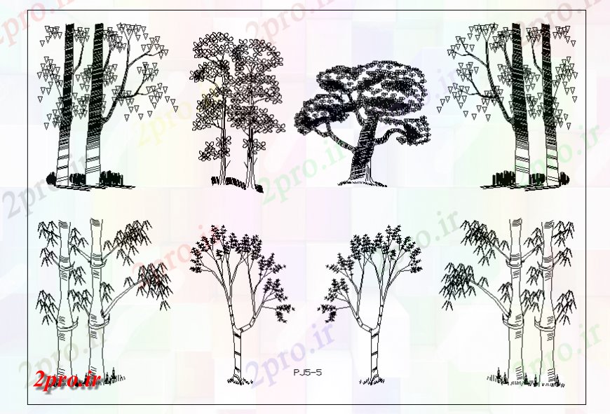 دانلود نقشه درختان و گیاهان درختان باغ  خلاق نما بلوک  جزئیات (کد127613)