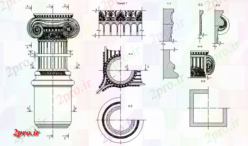 دانلود نقشه جزئیات ستون گوشه یونی  طرحی ستون (کد127671)