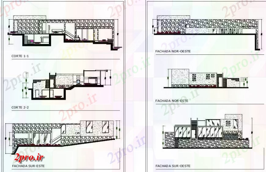 دانلود نقشه مسکونی  ، ویلایی ، آپارتمان  نما و بخش باشگاه خانه جزئیات (کد127695)