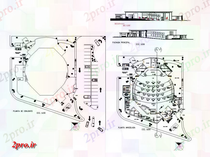 دانلود نقشه ساختمان اداری - تجاری - صنعتی طرح، نما و بخش سالن جزئیات 42 در 45 متر (کد127753)