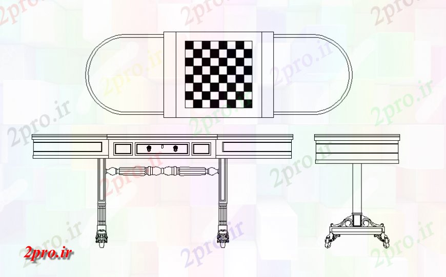 دانلود نقشه میز و صندلی بیضی جدول بازی شطرنج تمام طرفه بلوک نما  جزئیات (کد127890)