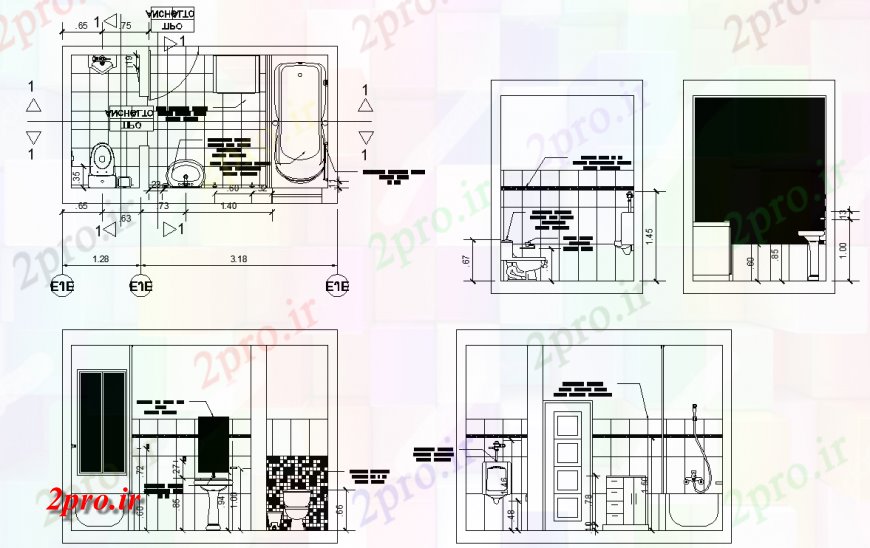 دانلود نقشه حمام مستر حمام و توالت جزئیات طراحی اتوکد 3 در 5 متر (کد127967)