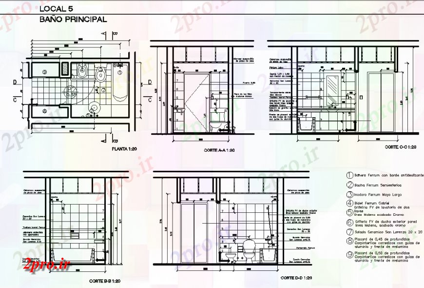 دانلود نقشه حمام مستر طراحی توالت و جزئیات نما طراحی اتوکد 2 در 4 متر (کد127987)