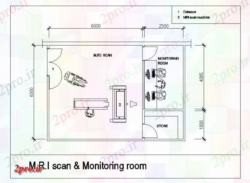 دانلود نقشه بیمارستان - درمانگاه - کلینیک MRI طرحی چیدمان اتاق اسکن و نظارت و جزئیات مبلمان 6 در 9 متر (کد128108)