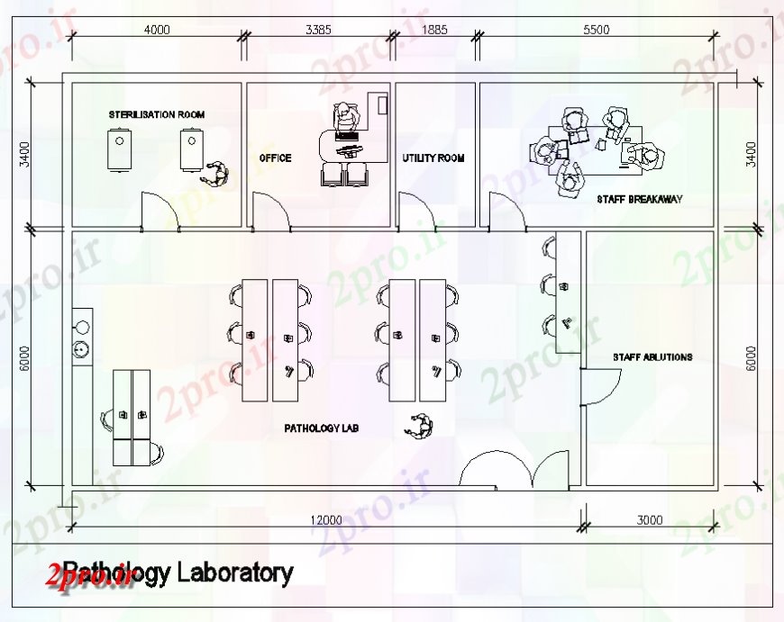 دانلود نقشه بیمارستان - درمانگاه - کلینیک طرحی مبلمان اتاق پاتولوژی پزشکی طرحی جزئیات 10 در 15 متر (کد128111)