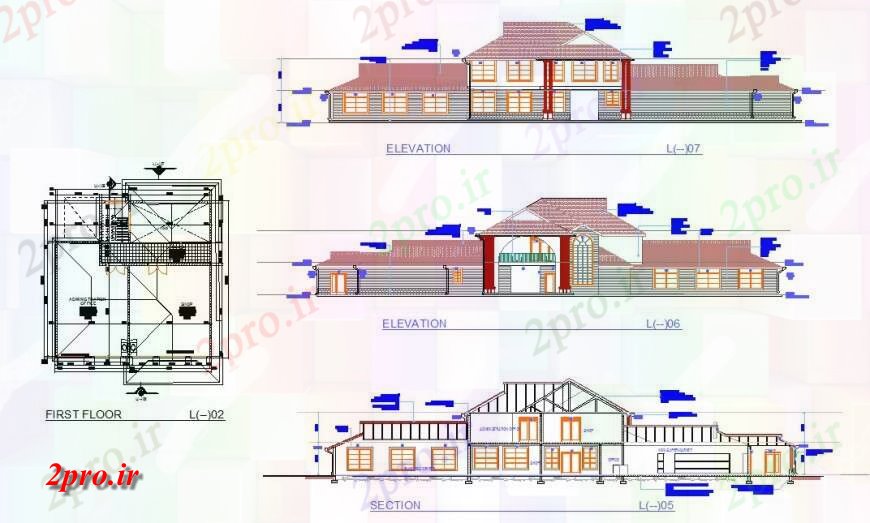 دانلود نقشه کارخانه صنعتی  ، کارگاه باشگاه خانه طرحی طبقه اول، نما و بخش  چیدمان (کد128181)