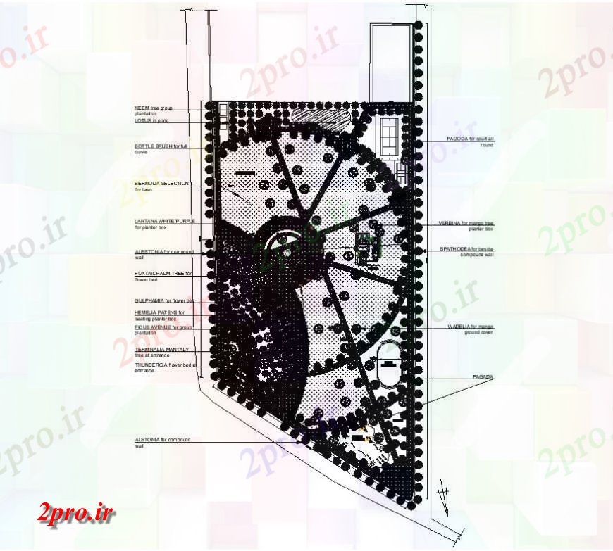 دانلود نقشه باغ جزئیات باغ طرحی 60 در 60 متر (کد128278)